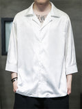 Chinese Style Bamboo Leaf Jacquard Men's V-Neck 3/4 Sleeve Shirt