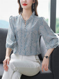 Elegant Puff Sleeve Floral Pattern Faux Silk Shirt for Women