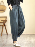 Lady Plain Dark Blue Oversized Drawstring Jeans