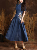 Women's Beautiful Flower Embroidery Lapel Denim Pleated Dress