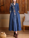 Women's Elegant Embroidery V Neck Button Up Denim Dress