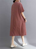 Women's Cotton Linen Lace V-Neck A-Line Plaid Dress