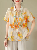 Elegant Daisy & Orange Print Lapel Pleated Shirt for Women