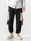 Crane Embroidery Red Cloth Multi-Pocket Pants for Men