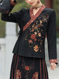 Ethnic Style Flower Embroidery Women's V Neck Lace Up Shirt