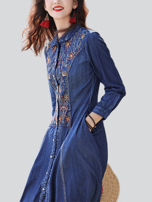 Female Lapel Embroidered Vintage A-line Denim Dress