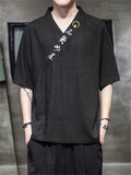 Men's Retro Linen V Neck Hanzi Embroidered Summer Shirt