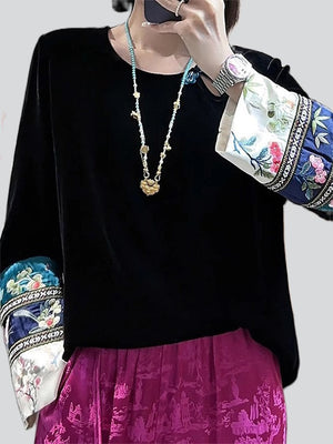 Women's Embroidered Patchwork Sleeves Velvet Shirts