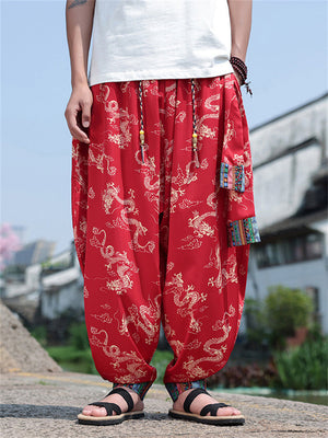 Men's Loong Graphic Ethnic Style Ice Silk Pants