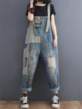 Lovely Cartoon Mouse Print Blue Denim Jumpsuit for Women