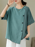 Women's Round Neck Striped Patchwork Irregular T-shirt