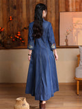 Women's Elegant Embroidery V Neck Button Up Denim Dress