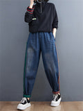 Lady Contrast Color Slim Distressed Denim Harem Pants