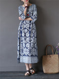 Lady Ethnic Style Printed Round Neck 3/4 Sleeve Dress