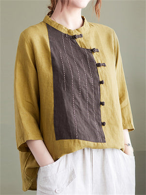 Summer Female Country Style Contrast Color Patchwork Cotton Linen Shirt