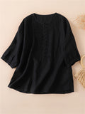 Retro Pleated Crew Neck Linen Short Sleeve Shirt for Female