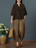 Female Cozy Linen V Neck Short Sleeve Shirt + Casual Pants Outfits