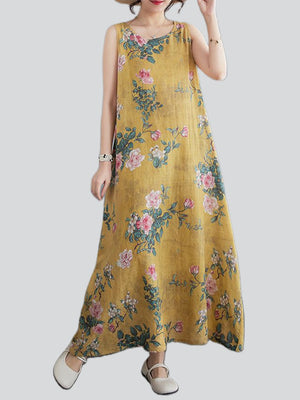 Chinese Rose Print Retro Yellow Tank Dress for Women