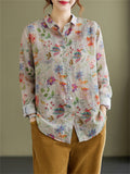 Female Cozy Literary Cotton Linen Floral Print Shirts