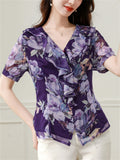 V-neck Ruffled Floral Chiffon Shirt for Women