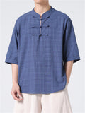 Men's Chinese Style Stand Collar Short Sleeve Linen Plaid Shirt