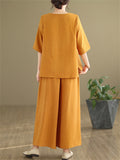 Female Ramie Embroidered Top + Wide Leg Pants Casual Two Piece Set