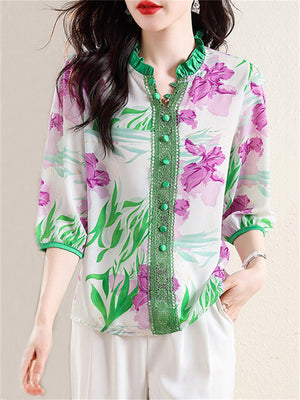 Graceful Pleated Stand Collar Faux Silk Shirt for Ladies