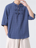 Men's Chinese Style Stand Collar Short Sleeve Linen Plaid Shirt