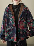 Country Style Flower Print Female Drawstring Hem Hooded Coat