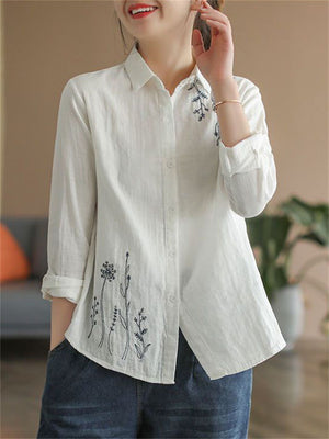 Floral Embroidery Spring Lapel Cotton Shirt for Women