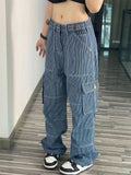 Retro Striped Blue High-Rise Floor-length Cargo Jeans