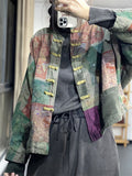 Ladies Retro Abstract Print Knot Button Patch Pocket Cotton Coat