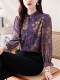 Women's Gold Floral Print Stand Collar Long Sleeve Purple Shirt