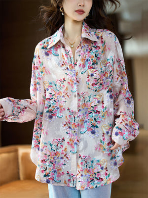 Summer Colorful Jacquard Single-Breasted Chiffon Shirt for Lady