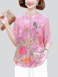 Peony Butterfly Print Plus Size Chiffon Shirt for Lady