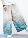 Men's Unique White Crane Landscape Print Wide-Leg Pants