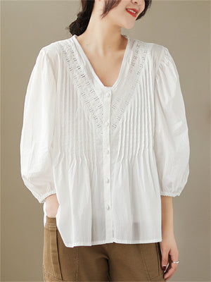 Female Popular V-Neck Lace Splicing Lantern Sleeve Shirt