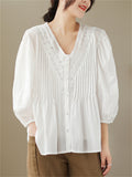 Female Popular V-Neck Lace Splicing Lantern Sleeve Shirt