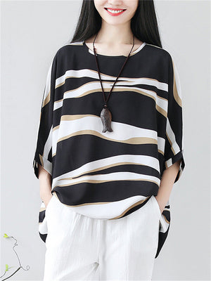 Women's Irregular Stripe Round Neck Oversized Shirt