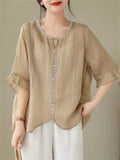 Ethnic Style Round Neck Ruffle Sleeve Transparent Shirt for Women