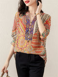 Summer Bohemian Style V Neck Print Vacation Shirt for Women