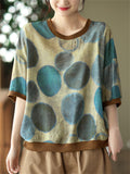 Women's Linen Silky Round Neck Short Sleeve Print Shirt