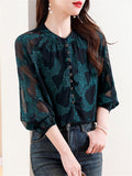 Women's Leisure Dark Green Jacquard Breathable Sleeve Chiffon Shirt