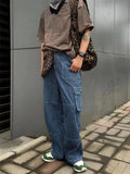 Retro Striped Blue High-Rise Floor-length Cargo Jeans