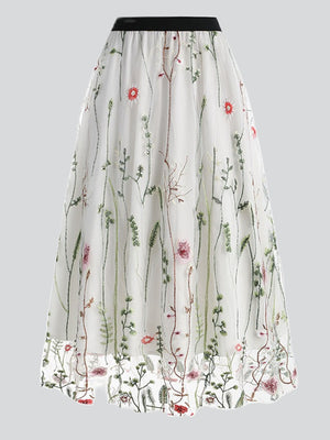 Spring Floral Leaf Embroidery Elegant Mesh Skirt for Lady