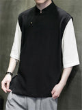 Fake Two Pieces Men's Splicing Half Sleeve Linen Shirt