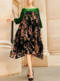 Women's Noble Green Square Neck Floral Print Velour Dresses