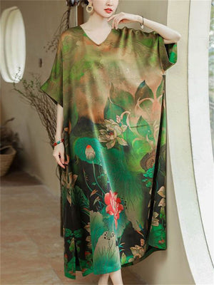 Summer Lotus Print V Neck Silk Wide Dress for Lady