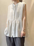 Simple Stand-Up Collar Sleeveless Button Up Shirt for Women