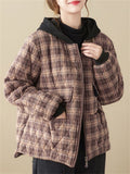 Women's Casual Hooded Zipper Short Plaid Cotton Coat